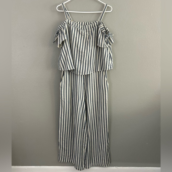 Madewell Coastal White Blue Striped Cold-Shoulder Wide Leg Jumpsuit Size S Linen - Picture 2 of 11